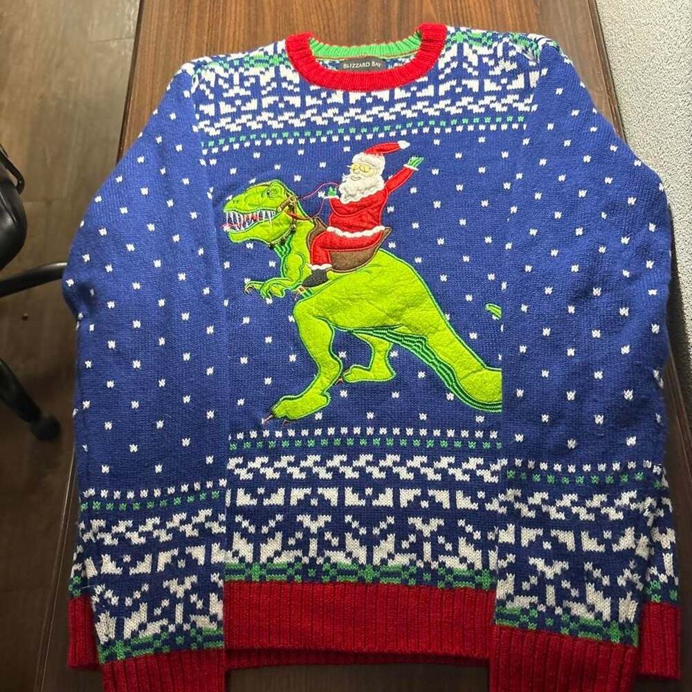 Blizzard Bay Santa Riding Dinosaur Christmas Sweater